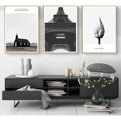 Nordic Sofa Background Wall Decoration Black And White Scenery Lotus Flower House Canvas Painting Picture Poster Living Room