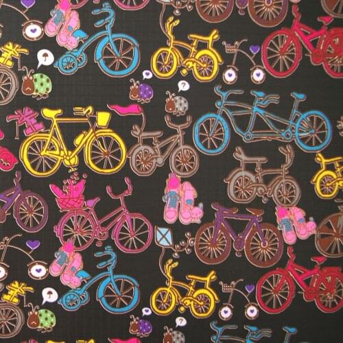 1 yard Polyester/PVC coated Waterproof Fabric for bag,- Bicycle on black background (width=140cm)