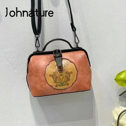 Johnature Chinese Style Retro Women Small Leather Bag 2021 New Handmade Embossed Versatile Leisure Shoulder & Crossbody Bags