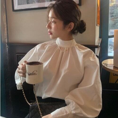 Chic Autumn French Loose Wild Pleated Stand Lantern Sleeve Blouse Women White Shirt Casual Blusa Feminina Mujer Top Long