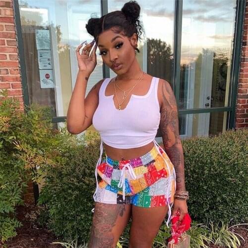 Drawstring Crop-Top Suit Women New Skinny Tight-Fitting Solid Color Skinny Sleeveless Vest Lace-Up Slim Vintage Printing Shorts