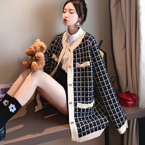 2021 spring and autumn new sweater coat womens small fragrance knitting cardigan thousand bird check low round neck loose