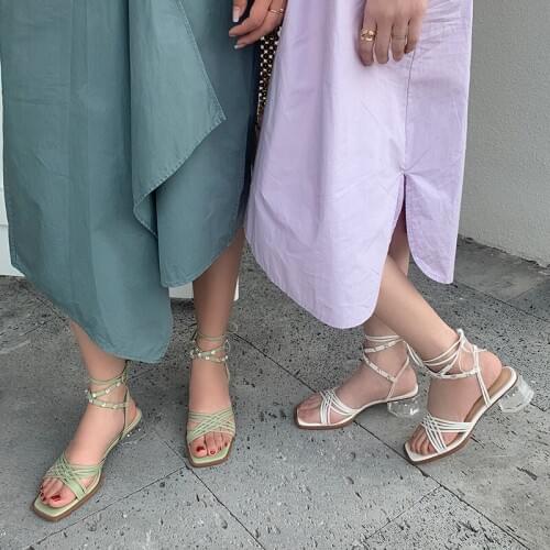 2020 summer new diamond transparent crystal heel ankle strap mid heel sandals square head fairy wind sandals Z896