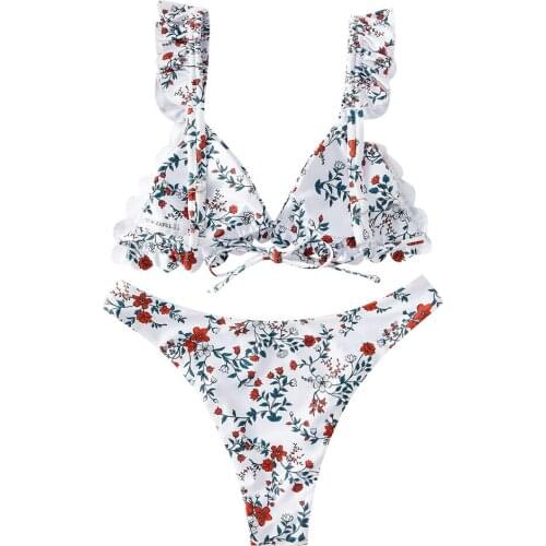 2021 Woman 2 Piece Swimsuit Women Flower Print High Cut V Neck Two Pieces Swimsuit Beachwear Wide Shoulder Strap Bikini#G30