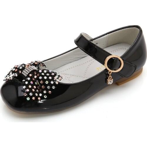 Fashion Crystal Bow Kids Wedding Shoes Flat Shoes For Girls Dress School Shoe Princess Leather Shoes 4 5 6 7 8 9 10 11 12 Years