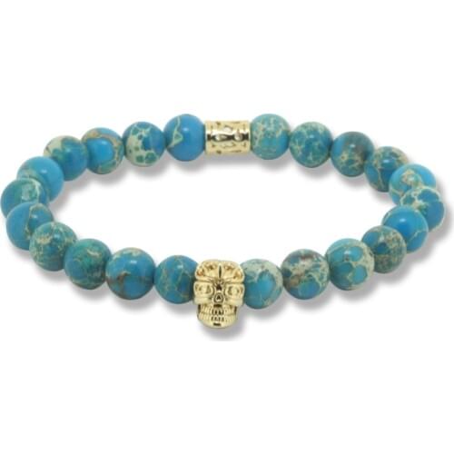 8mm Map Natural Turquose Stone Beads Bracelet for Women,Antique 24k Gold Color Skull Head Bracelets, High Grade Mens Jewelry