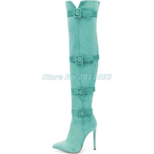 Turquoise Buckle Boots Pointy Toe Stiletto Heel Suede Long Boots Over The Knee Zipper Pointed Toe Solid Fashon Winter Boots