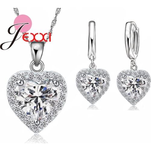 Shiny Heart Shape Jewelry Set For Women Silver Pendant Necklace Shiny CZ Earrings Gifts For Women Wholesale