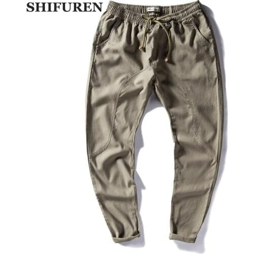 SHIFUREN 2018 Spring Casual Harem Pants Men Soft Breathable Causal Linen Cotton Pants Elastic Waistband Ankle-Length Trousers