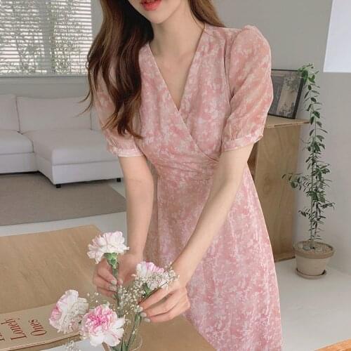 One-Piece Korean Fashion Floral Printing Chiffon Dress Female 2021 Summer New Gentle Elegant Sweet V-Neck Puff Sleeve Pink Dress