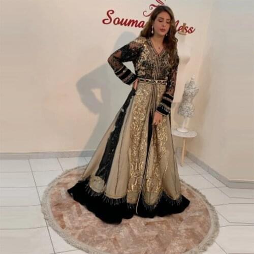 Black Sleeves Tassel Moroccan Kaftan Muslim Evening Dresses Luxury Beaded Appliques Dubai Arabia Prom Party Dress Custom Made