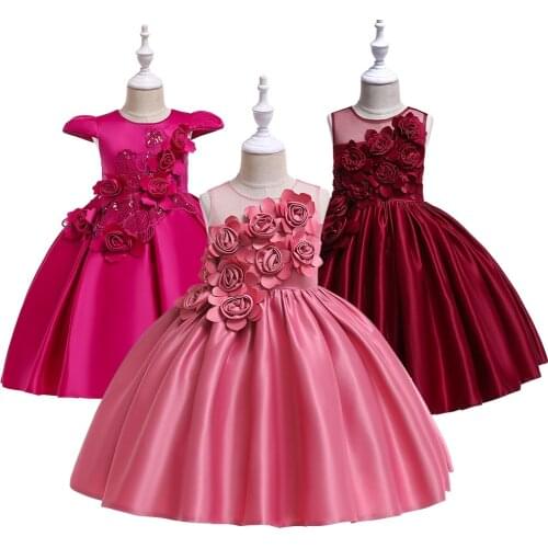 Girls Satin glossy appliques Childrens dress Kids Birthday Wedding Princess Formal Party Frocks Ball Gowns For 6 8 10 12 Years