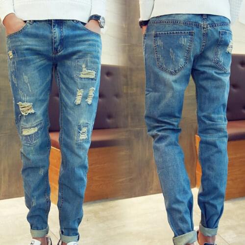 Top quality 2020 Fashion ripped hole tailor light blue jeans pants men baggy harem jeans teenagers Denim Cowboys trousers