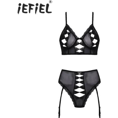 Women Lace Trim Hollow Out Bra Tops with Garters Briefs Ladies Sexy Lingerie Set Exotic Apparel for Nightclub Stage Performance