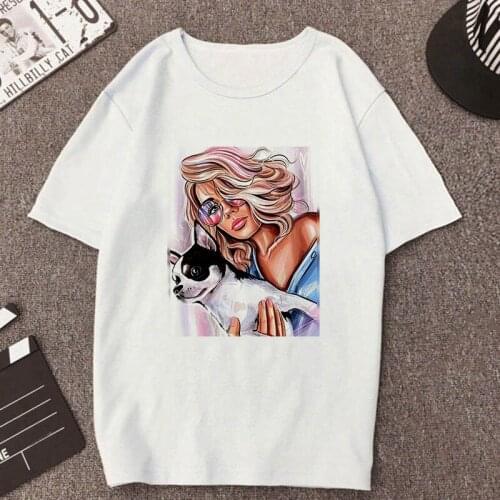 Beautiful fashionable woman hugging a dog New Harajuku T Shirt women Punk Aesthetics Tshirt Print Casual Streetwear Tops t-shirt
