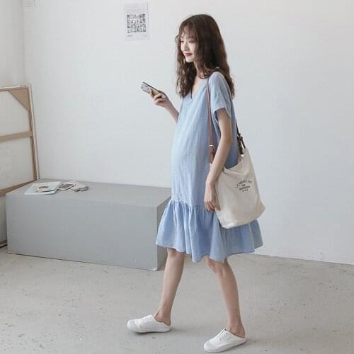 Summer Maternity Dresses Mother Pregnancy Blue Solid Color Dress Short Sleeve V-Neck Dress Pregnant Woman Loose Home Clothes