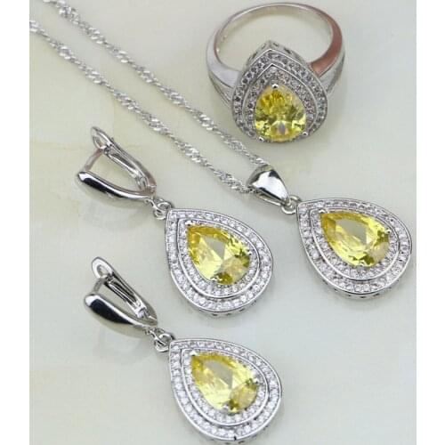 Yellow Cubic Zirconia White CZ Jewelry Sets 925 Sterling Silver Bridal Jewelry For Women Wedding Earring/Pendant/Necklace/Ring