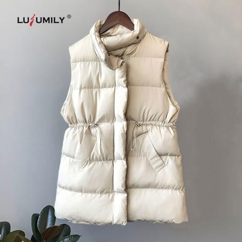 Lusumily New Arrivals Winter Women Vest Sleeveless Jacket Stand Collar Belt Puffer Outwear Warm Loose Cotton Padded Down Veste