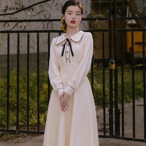 JuneRain Autumn French Midi Dress Women 2021 New Vintage Elegant Ladies Bow Long Sleeve Dresses Casual Street Lady Party Dress