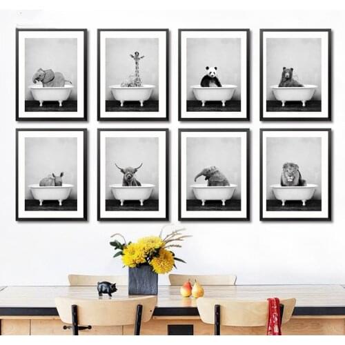 Baby Animal in Bathtub Poster Panda Giraffe Elephant Lion Pig Cow Canvas Painting Nursery Wall Art Nordic Picture Kid Room Decor