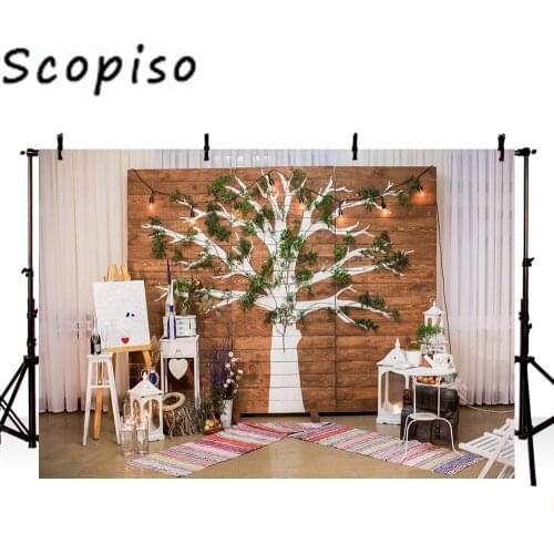 Scopiso Tree Wall Backdrops Wood Board Drawing Board Clip Art Children Portrait Party Photography Backgrounds for Photo Studio