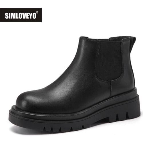 SIMLOVEYO Thick Plush Womans Chelsea Boots Anti Slip Snow Black Full Grain Leather 2021 Autumn Winter Ankle Boots Platform Shoe
