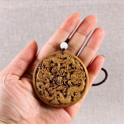 6CM Dragon Statue Carved Wooden Figurine wood Carving Car Pendants Dragon Pendant Plate Double Dragon Playing with Beads