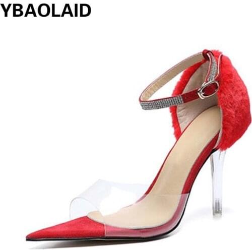 Pointed Open Toe Rhinestone Hairy High-heeled Shoes Summer New Transparent One-word Buckle Stiletto High-heel Fashion Sandals