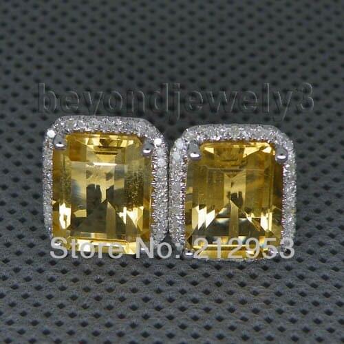 Vintage Emerald Cut 8x10mm 14Kt White Gold Yellow Citrine Earrings, Diamond Citrine Earring For Sale E0003