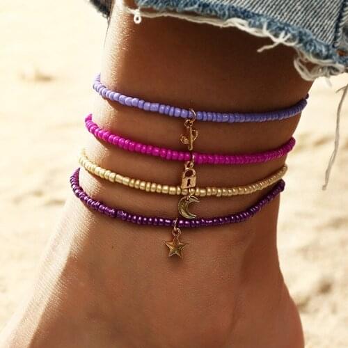 Vintage Multilayer Hand-woven Anklets Set Beaded Chain Lock Star Pendant Seaside Foot Anklet Bracelet Women Jewelry Accessories