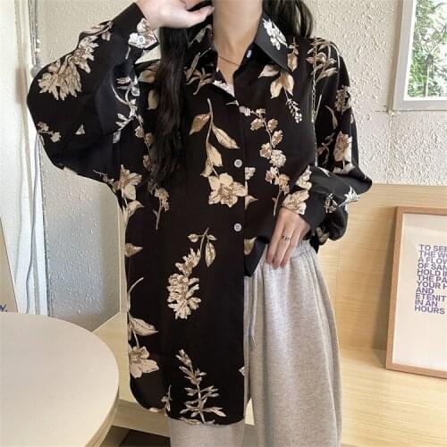 Autumn retro print long-sleeved casual womens polo collar chiffon shirt women