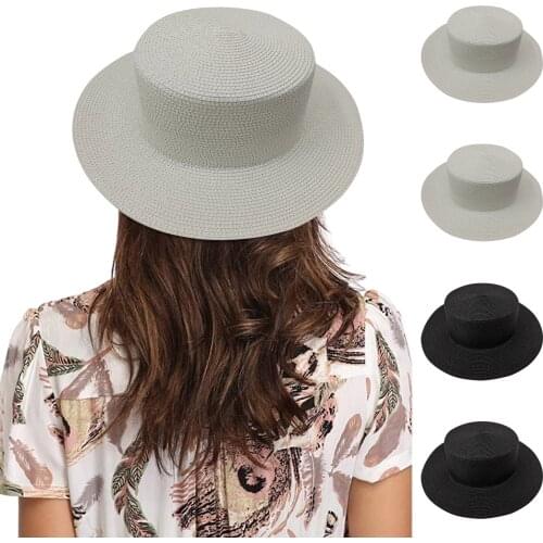 Women Wide Brims Sun Hat Summer Shading Beach Cap Outdoor Solid Color Sunshade Flat Top Round Hat
