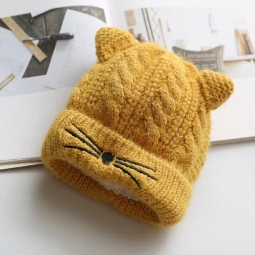 Women Warm Winter Hat Cute Cat Ear Knitted Skullies Hats Korean Style Fleece Warmer Beanies Fashion Girls Thick Crochet Knit Cap