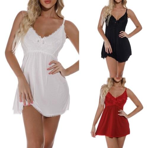 Women Sexy Two-piece Nightwear Set, Female Sleepwear Solid Color Deep V-neck Slip Dress and Panties, Black/ Wine Red/ White