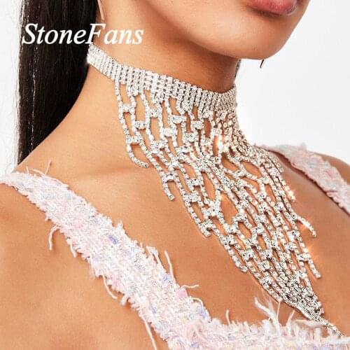 Stonefans Luxury Jewelry Long Tassel Rhinestone Choker Necklace for Women Statement Multilayer Chokers Body Necklace Jewelry
