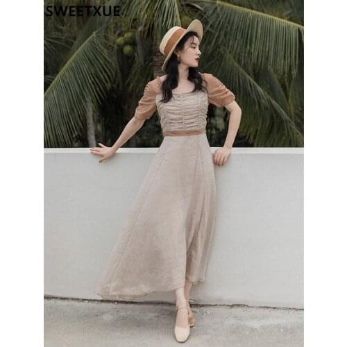 SWEETXUE 2021 Women Summer Sweet Mesh Temperament Square Collar Folds Romance Vintage Chic Party Fairy Dress Vestidos Mujer