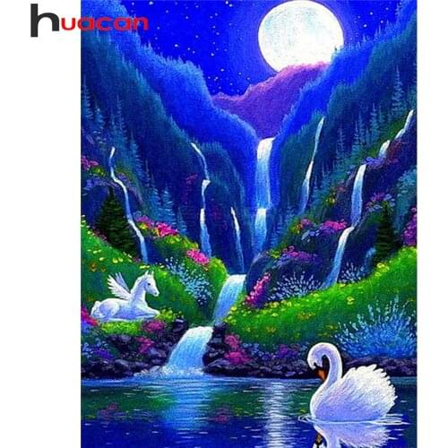Huacan DIY Full Square Diamond Embroidery Swan Waterfall 5D Diamond Painting Mosaic Animals Needlework Home Decoration
