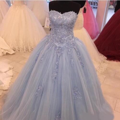 Princess Blue Ball Gown Quinceanera Dresses Sweet Heart Sweep Train Appliques Beads Prom Party Gowns For Sweet 16 Vestidos De 15
