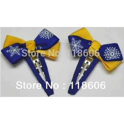 Free Shipping 200pcs Blue and Yellow Snowflake Print Christmas Kids Gift Hair Snap Clip
