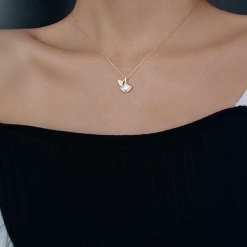 S925 Sterling Silver Ginkgo Leaves Pendant Necklace For Women Zircon White Shell Plant Short Chain Female Birthday Jewelry Gifts