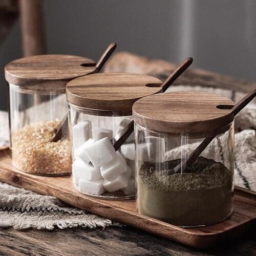 Food Storage Containers Spice Sugar Salt Condiment Glass Jar Coffee Bean Cereal Dispenser Kitchen Canister Sets with Wood Lid