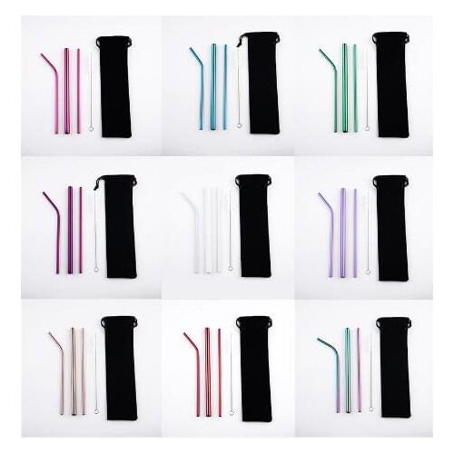 Environmentally Friendly 3pcs Stainless Drink Straws Set with carry bag +1pcs Cleaner Brush, Reusable Straw Bar Accessories