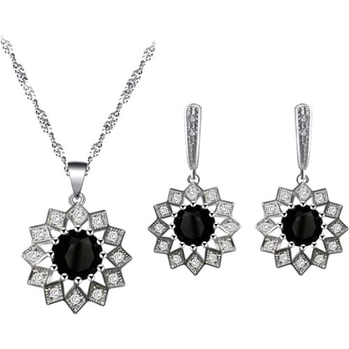 Black Vintage 925 Silver Zircon Earrings Necklace Pendant Jewelry Set Send Moms Birthday Gift JS835