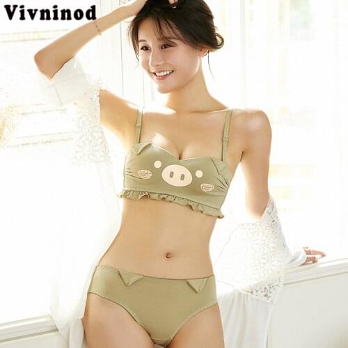 New Women Cotton Underwear Printing Sets Lovely Piggy Bra Set Sexy Seamless Comfortable 1/2 Lingerie Push Up Bra and Panties Set