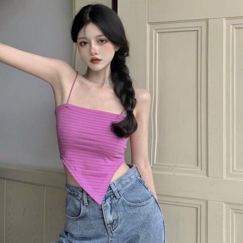 Korean Striped Irregular Slim Sexy Sweet Vest Backless Exposure Navel Knitted Camisole Tank Top