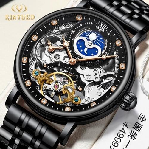 KINYUED Mechanical Watch Men Tourbillon Wristwatch Sports Clock Steampunk Automatic Self Winding Watches Casual Moon Horloge Man