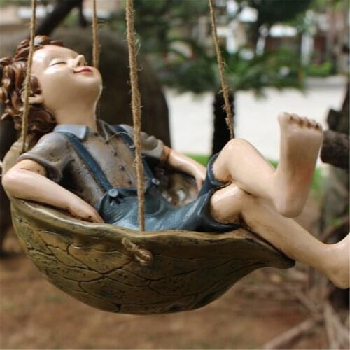 Cartoon Swing Boy Statue Resin Painted Crafts Outdoor Landscape Hanging Ornament for Indoor Exterior Garden Figures Decoration