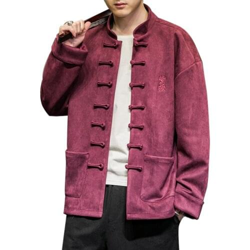 Autumn Winter Chinese Style Mens Clothes Stand Collar High Quality Embroidery Jacket Suede Fabric Coat Han Tang Clothes