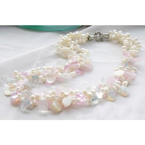 Freshwater Pearl Necklace,3Rows,18inches Pink Crystal Opal Drp White Cultured Pearl Jewellery,New Free Shipping