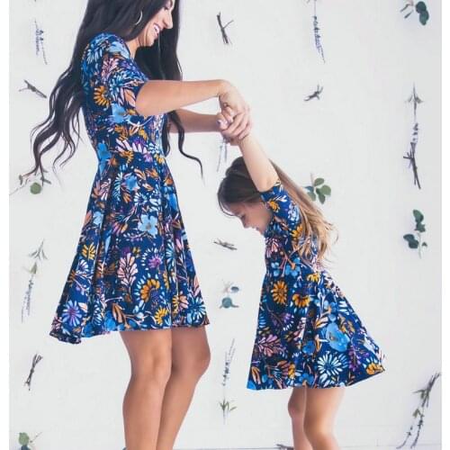 Mom and daughter dress Floral Printed Matching Mini Dress For Mother and daughter Half Sleeve Mommy and me clothes Family Look